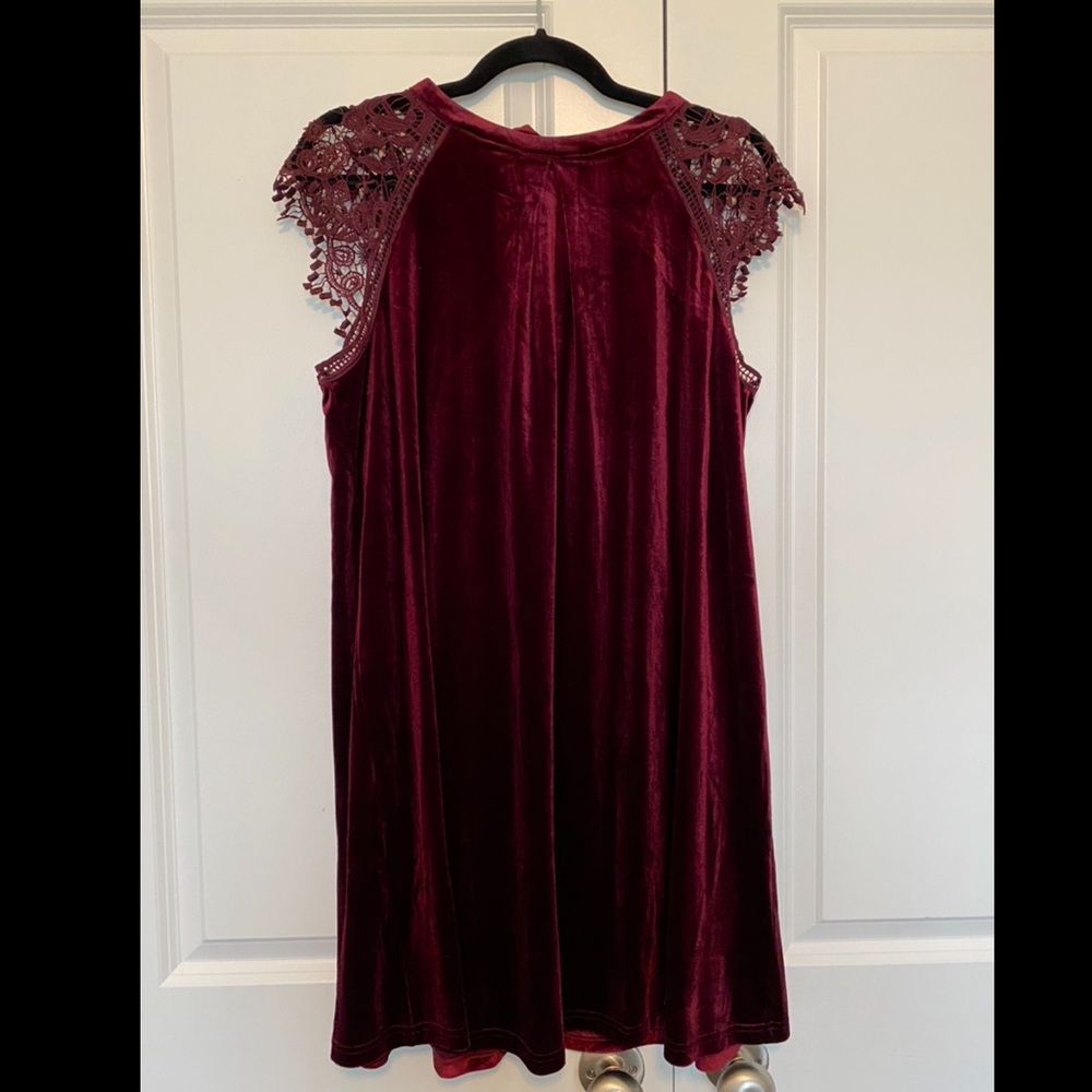 Boutique Burgundy Velvet Dress, Lace Cap Sleeves
